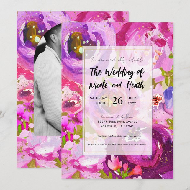Convites Pops de Rosa e Roxo Casamento Floral Vibrante (Frente/Verso)
