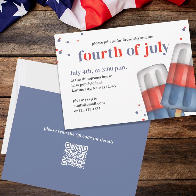 Convites Popsicles Personalizados No Quarto De Julho (Fourth of July party invitation with red, white, and blue popsicles. )