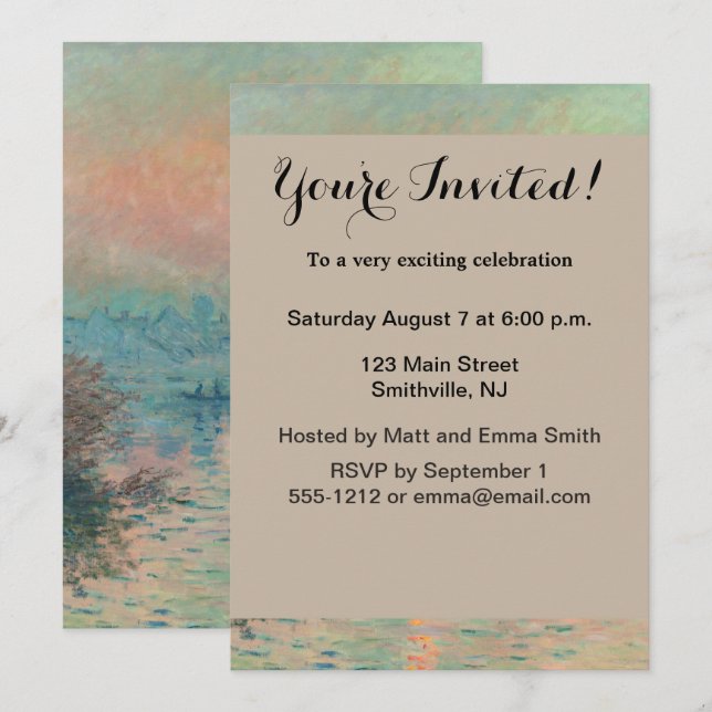 Convites Pôr do sol de Monet no Sena Arte Fina Impressionis (Frente/Verso)