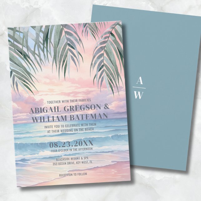 Convites Pôr do Sol em Aquarela no Casamento na Praia (Tropical Sunset Beach Wedding Invitation)