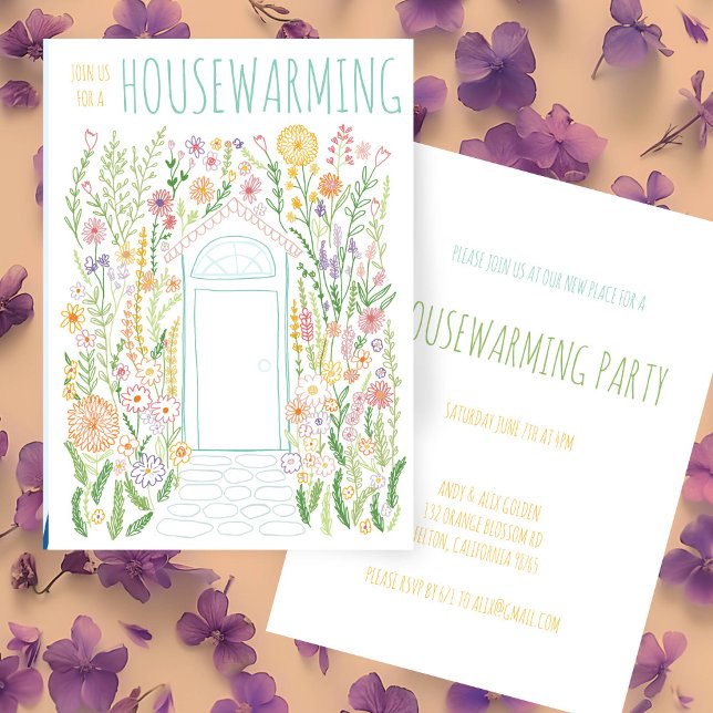 Convites Porta do jardim da festa de ancoragem (HOUSEWARMING PARTY Garden Door Colorful Doodle Invitation
)