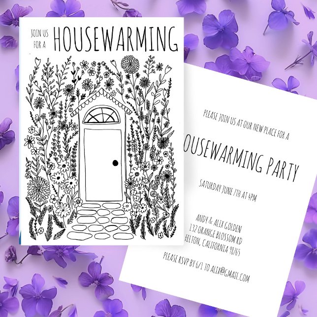 Convites Porta do Jardim do HABITANTE (HOUSEWARMING PARTY Garden Door Hand Drawn Doodle Invitation Black and White line art
)