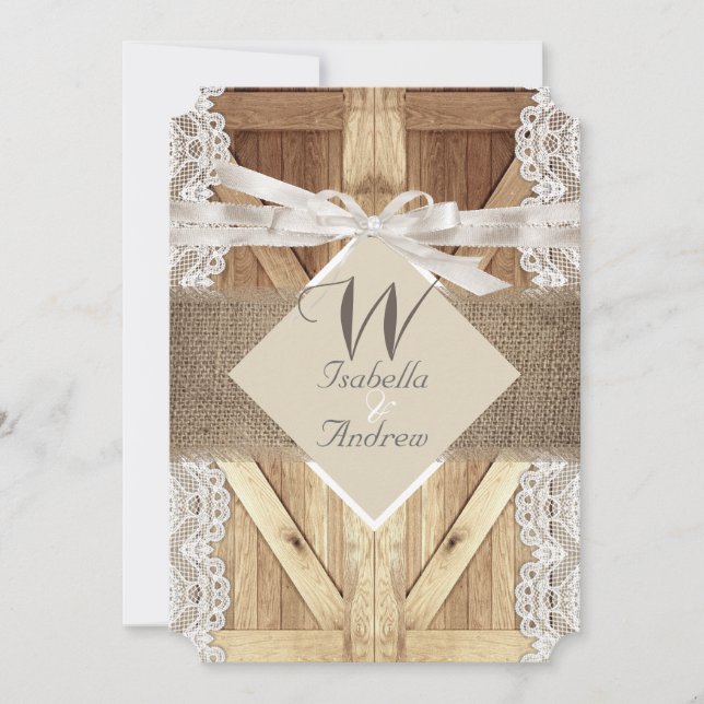 Convites Porta Rústica Casamento Bege Branco Renda Madeira  (Frente)