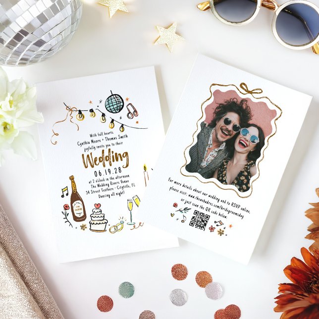 Convites Portas Desenhadas Mão Foto Funky Casamento e Detal (Whimsical Funky Hand Drawn Wedding Photo Invitation with Details and QR code)
