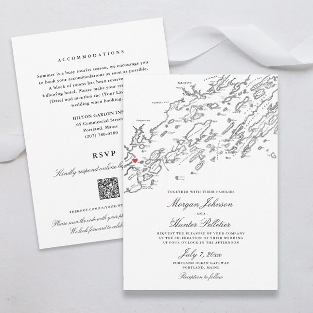 Convites Portland Maine All-in-One QR code RSVP Wedding (Elegant Portland Maine All In One QR Code RSVP wedding invitations in black and white )