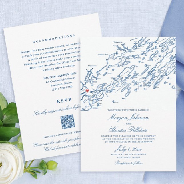Convites Portland Maine All-in-One QR code RSVP Wedding (These budget friendly Portland Maine double sided wedding invites save paper and money on stamps.)