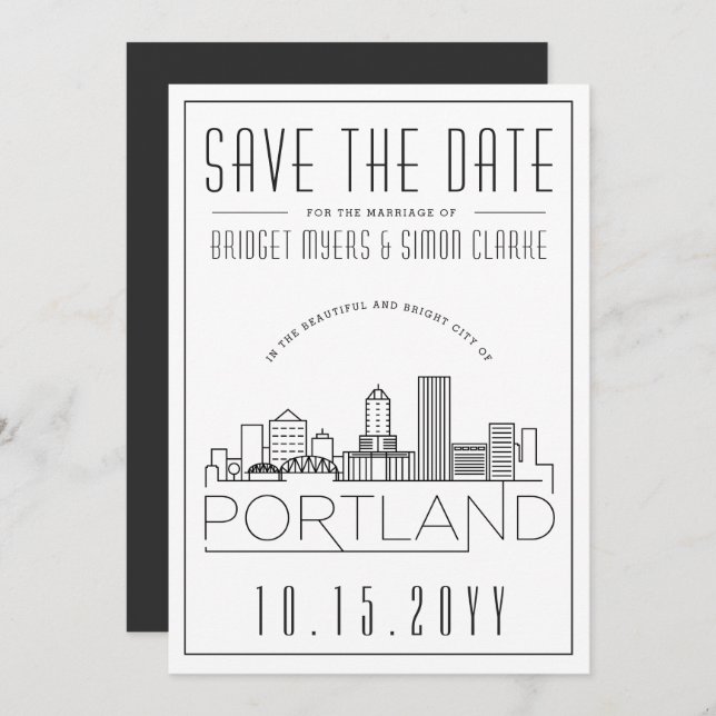 Convites Portland Wedding | Skyline Estilizado Salvar a Dat (Frente/Verso)