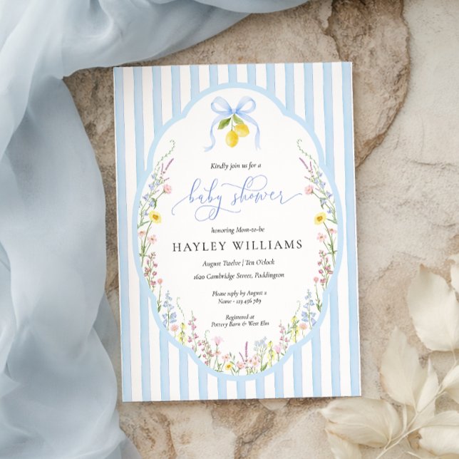 Convites Posey Wildflower Blue Bow Baby Shower Invitation (Criador carregado)