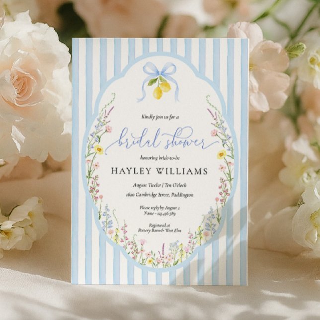 Convites Posey Wildflower Blue Bow Bridal Shower Invitation (Criador carregado)