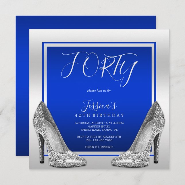 Convites Posh Blue & Silver Stilettos aniversário de 40 ano (Frente/Verso)