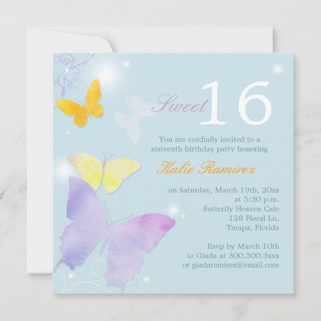 Convites Posh Butterfly Pale Blue Sweet 16 Party (Frente)
