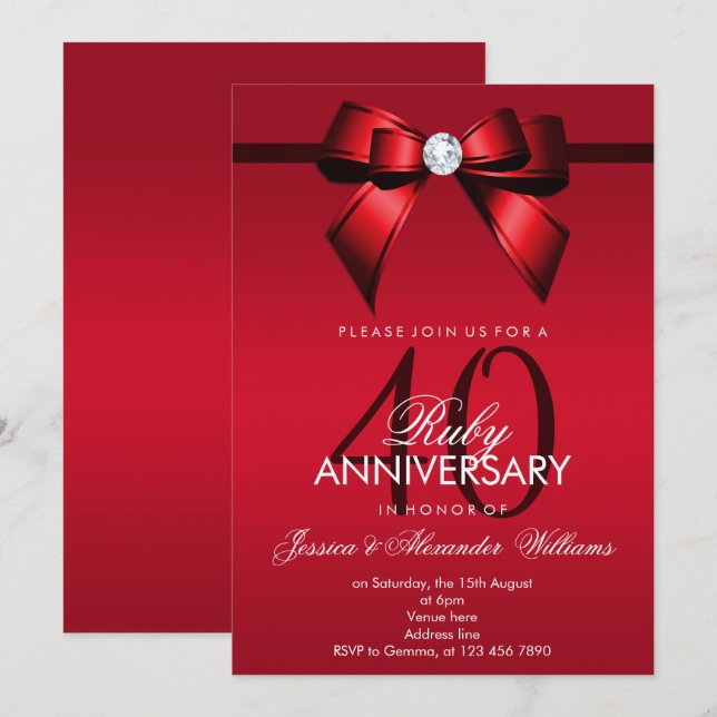 Convites Posh Gem Bow & Ribbon 40º Aniversário de Casamento (Frente/Verso)