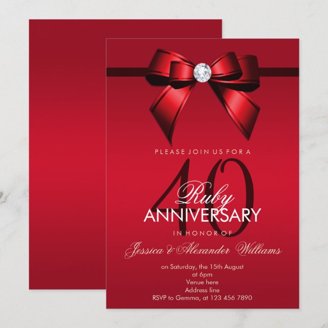 Convites Posh Gem Bow & Ribbon 40º Aniversário de Casamento (Frente/Verso)