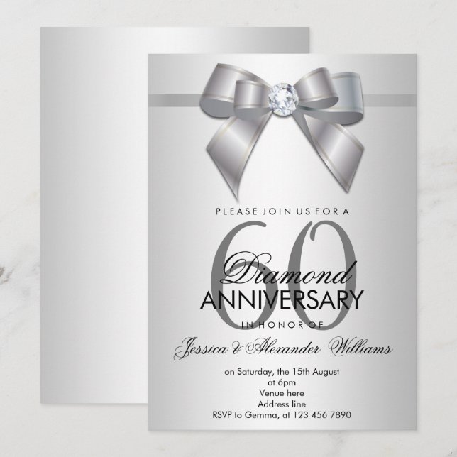Convites Posh Gem Bow & Ribbon 60º Aniversário de Casamento (Frente/Verso)