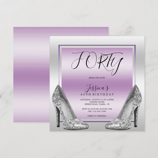Convites Posh Lilac & Silver Stilettos aniversário de 40 an (Frente/Verso)