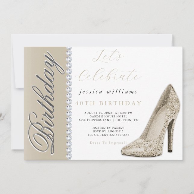 Convites Posh Stiletto e Diamantes Champagne Aniversário (Frente)