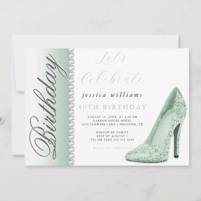 Convites Posh Stiletto e Diamantes Green Birthday (Frente)