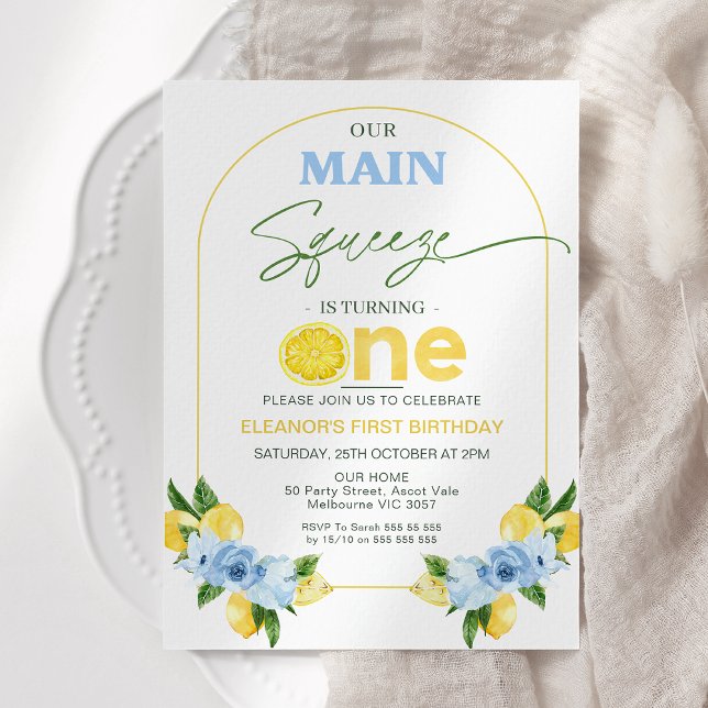 Convites Positano Blue Lemon Nosso primeiro aniversario de  (Main Squeeze 1st Birthday Invitation Blue Floral, Modern Arch Lemon 1st Birthday Invitation Girl,)