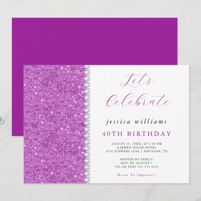 Convites Possuir Sequins & Diamantes Purple Birthday (Frente/Verso)