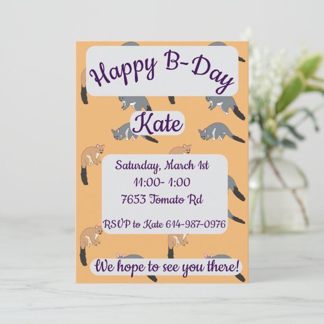 Convites Possums de Cauda Fofa Feliz Aniversário (Em pé/Frente)