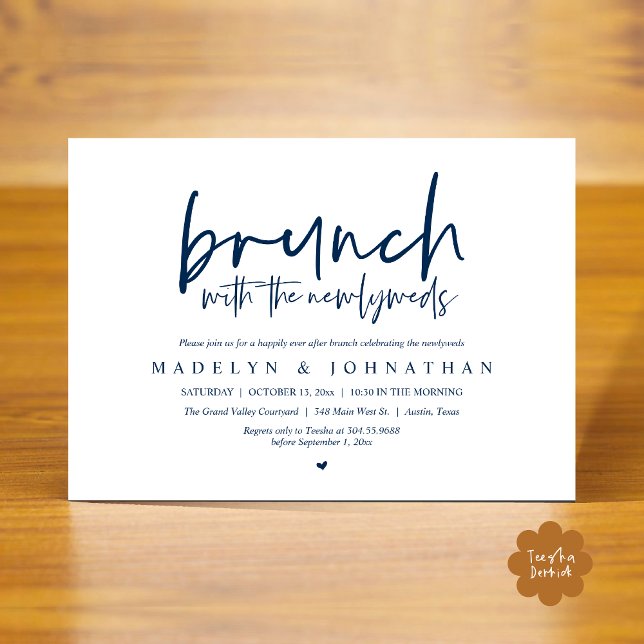 Convites Postar Brunch com a Celebração de Newlyweds (Brunch with the Newlyweds Post Modern Morning Wedding Celebration Invitation Card PDF Navy Blue)