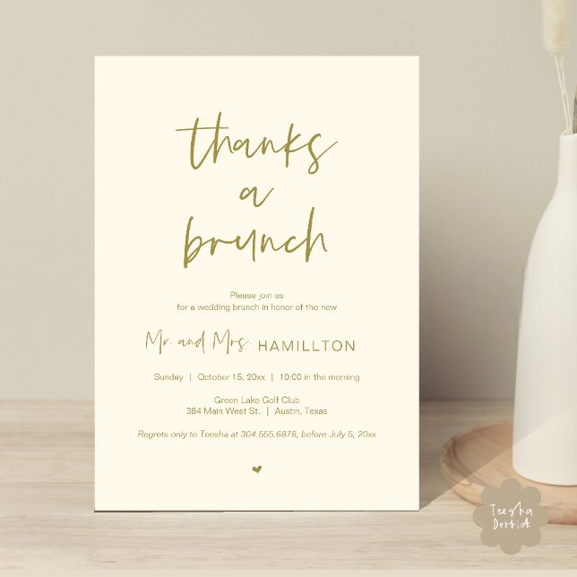 Convites Postar Brunch de casamento, Obrigados de um Convit (Post wedding Brunch, Thanks a Brunch Invitation card PDF in yellow gold)
