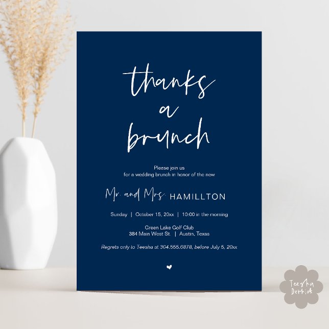 Convites Postar Brunch de casamento, Obrigados de um Convit (Post wedding Brunch, Thanks a Brunch Invitation card PDF in Navy Blue)