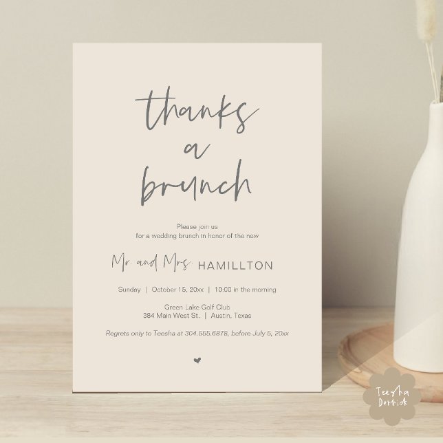 Convites Postar Brunch de casamento, Obrigados de um Convit (Post wedding Brunch, Thanks a Brunch Invitation card PDF in cream grey)