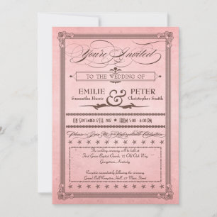 Convites Poster vintage Romântico Casamento Rosa e Castanh