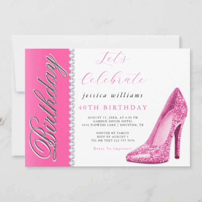 Convites Postiletto e Diamantes Rosa, Aniversário (Frente)