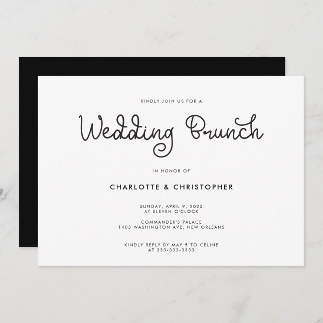 Convites Posto Branco Negro de Script Moderno Casamento Bru (Frente/Verso)