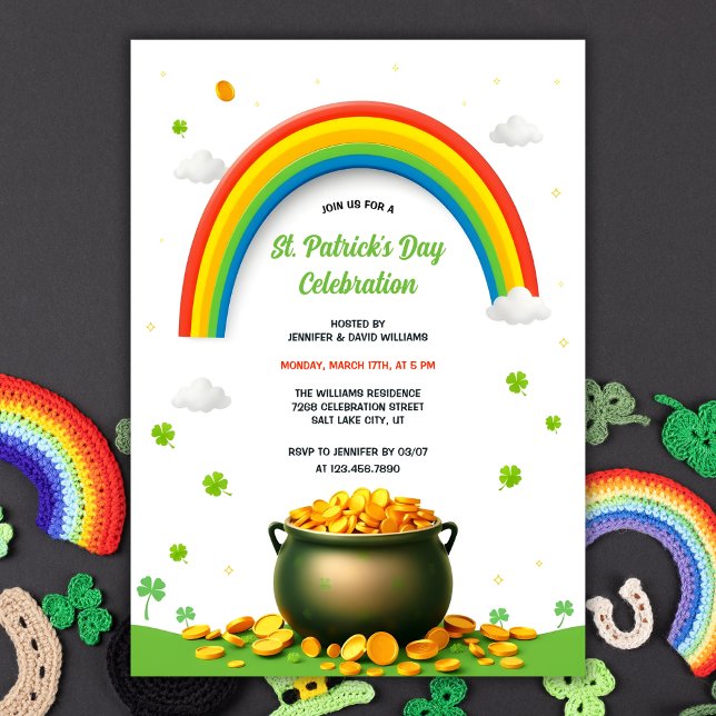 Convites Pote Arco-Íris de Dia de São Patrício Dourado de D (Fun St. Patrick's Day Invitation – Rainbow, Pot of Gold, and Shamrock-Themed Party Invitation)