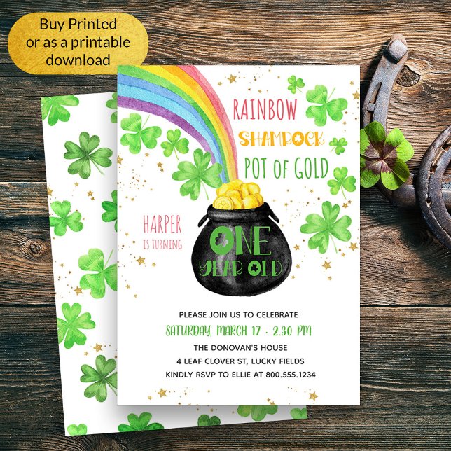 Convites Pote Arco-Íris de Shamrock Dourado (Cute First Birthday St Patricks Themed Birthday Invitation)