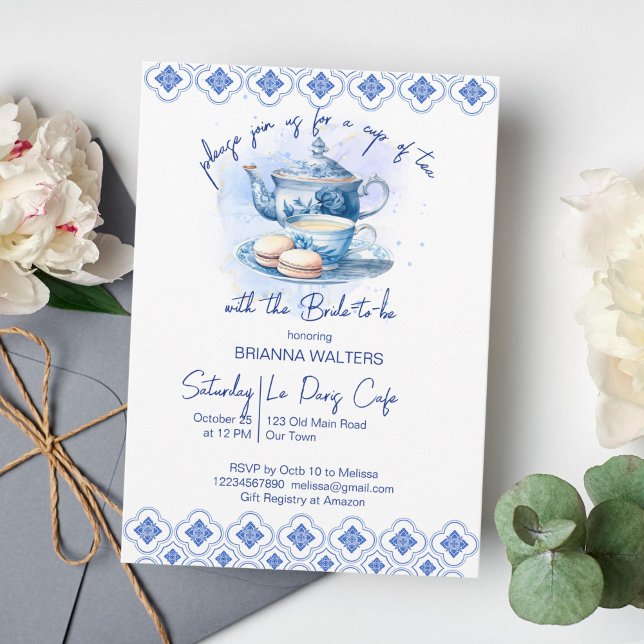 Convites pote de chá chá de panela azulejo azul (Bridal shower tea party something blue tiles template invitation instant download blue tea pot)