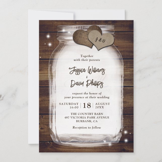 Convites Pote de Pedra Casamento Rústico Corações de Aniage (Frente)