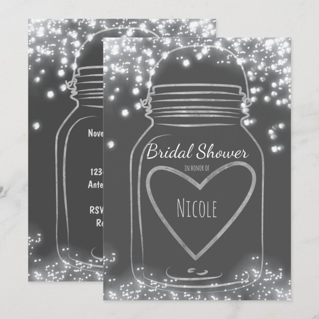 Convites Pote de Pedra Silver Heart & Luzes de Brilho QUALQ (Frente/Verso)