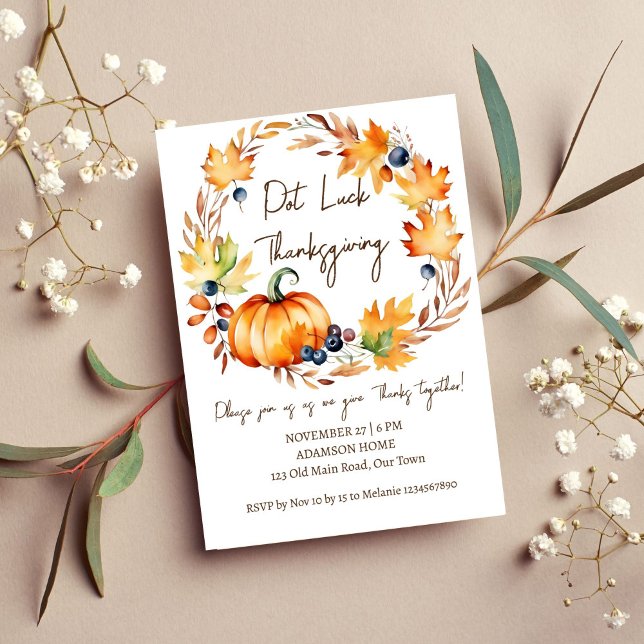 Convites Pote modelo do janto de Ação de Graças (Pot Luck Thanksgiving dinner party template invitation digital download watercolor pumpkin wreath)