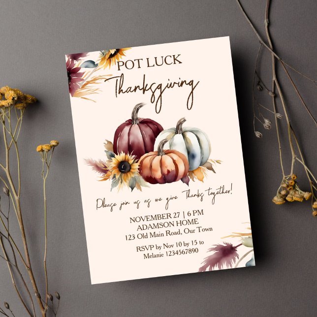 Convites Pote Sorte Bóvora de Ação de Graças (Pot Luck Thanksgiving dinner party template invitation digital download boho pumpkins sunflowers )