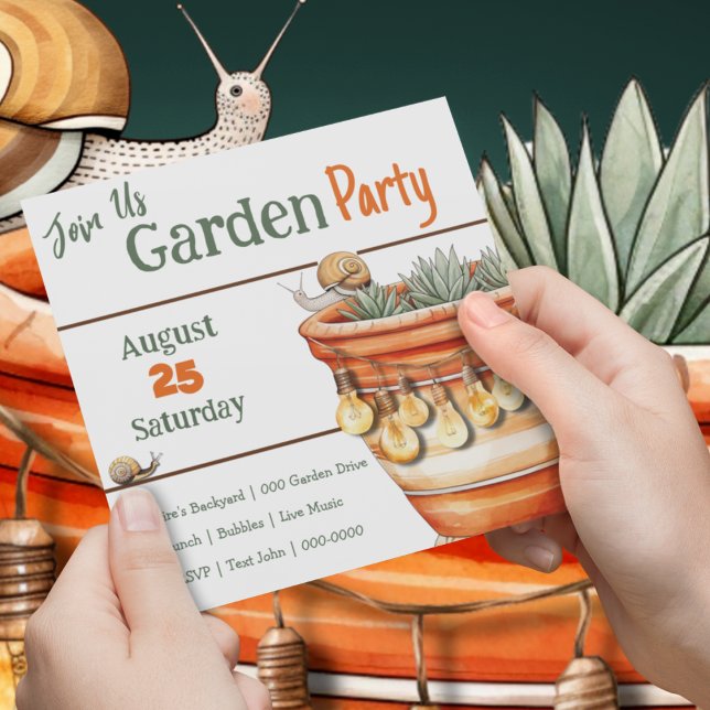 Convites Pote Terracotta com Caracol Cute no Partido do Jar (House warming birthday garden party customizable invitation with cute plants and bugs. )