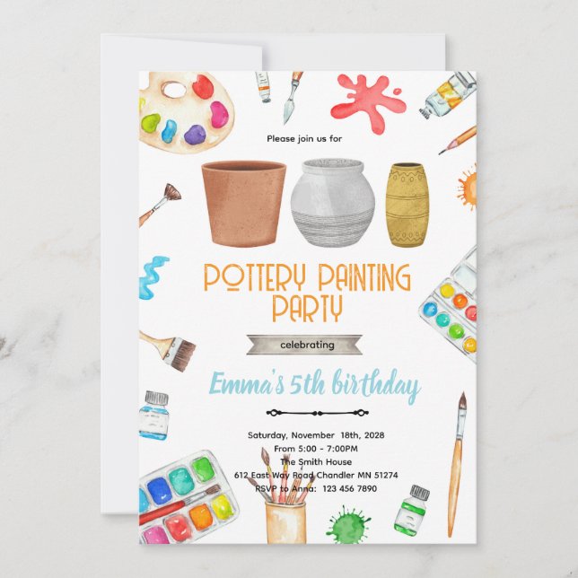 Convites Pottery Painting party theme invitation  (Frente)
