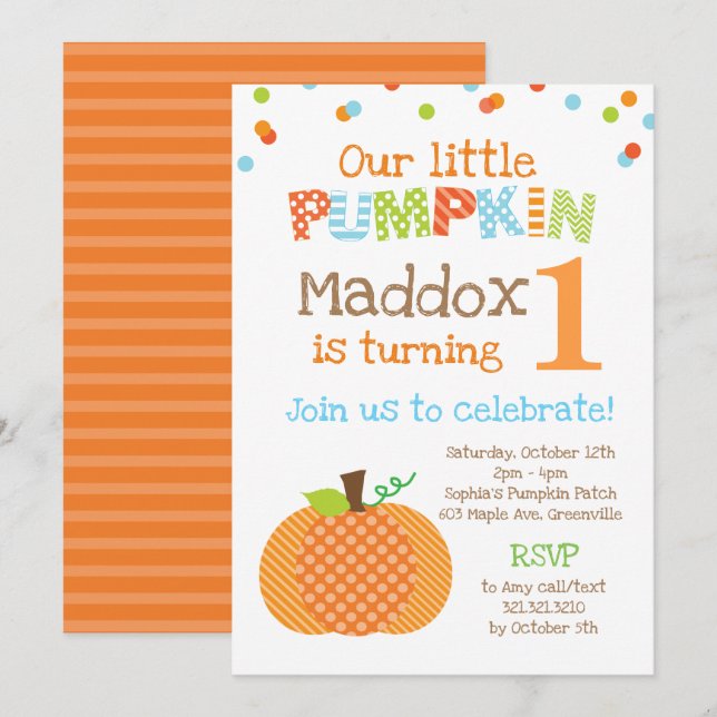 Convites Pouca festa de aniversário da abóbora (menino) (Frente/Verso)