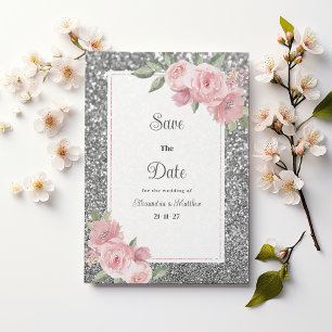 Convites Poupança prateada cintilante rosa floral A Data