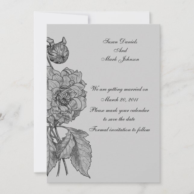 Convites Poupar Data de Casamento Floral Peônia Cinza Prata (Frente)
