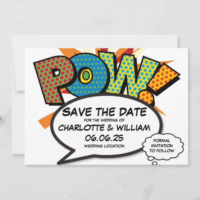 Convites POW Salve a Data Diversão Retro Quadrinhos Arte Po (Frente)