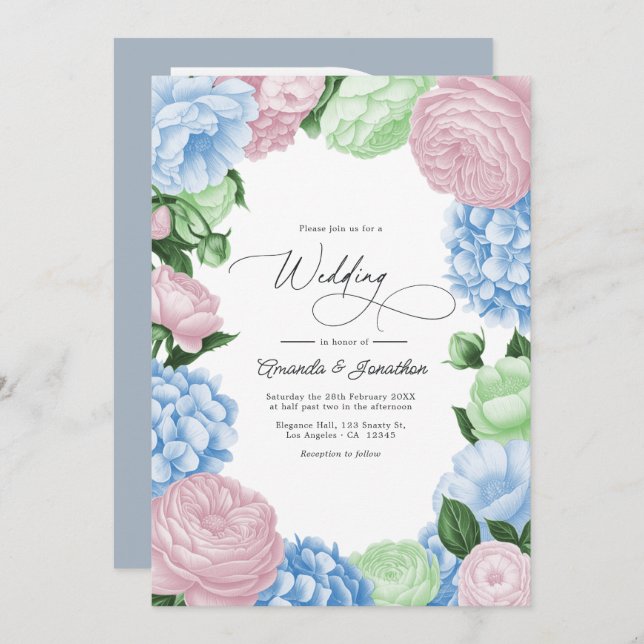 Convites Powder Blue, Blush Pink/Light Sage Floral Wedding (Frente/Verso)