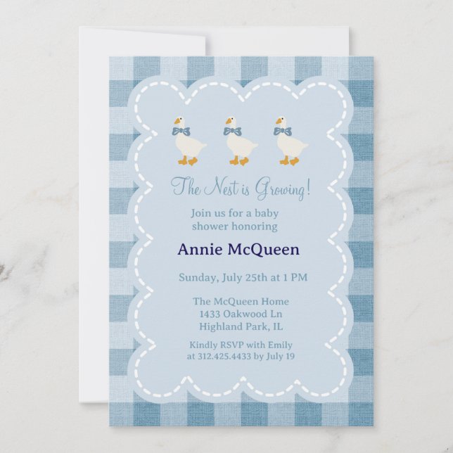 Convites Powder Blue Gingham Goose Baby Shower Invitation (Frente)