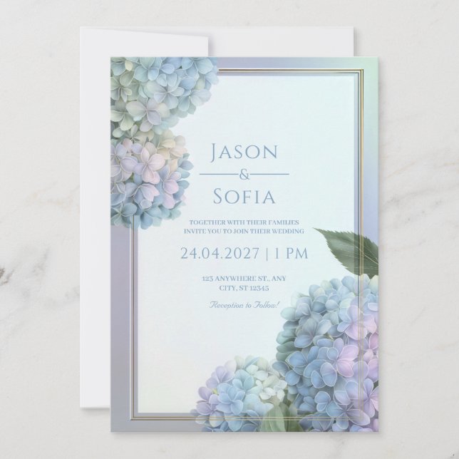 Convites Powder Blue Lavender Hydrangea Gold Frame Wedding (Frente)