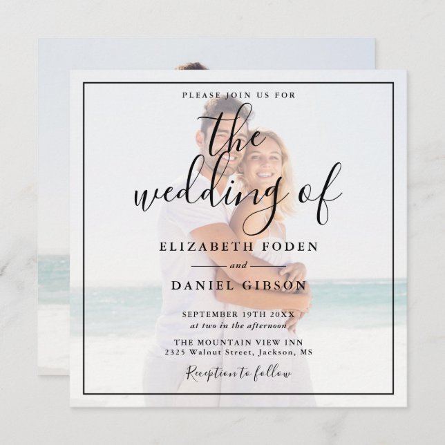 Convites Praça de Casamento de Fotos de Script Elegante (Frente/Verso)