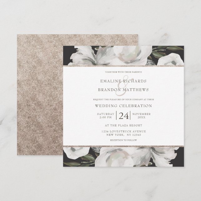 Convites Praça de Casamento de Rosa e Floral Branca de Cere (Frente/Verso)