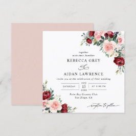 Convites Praça de Casamento Floral de Blush Burgundy Waterc